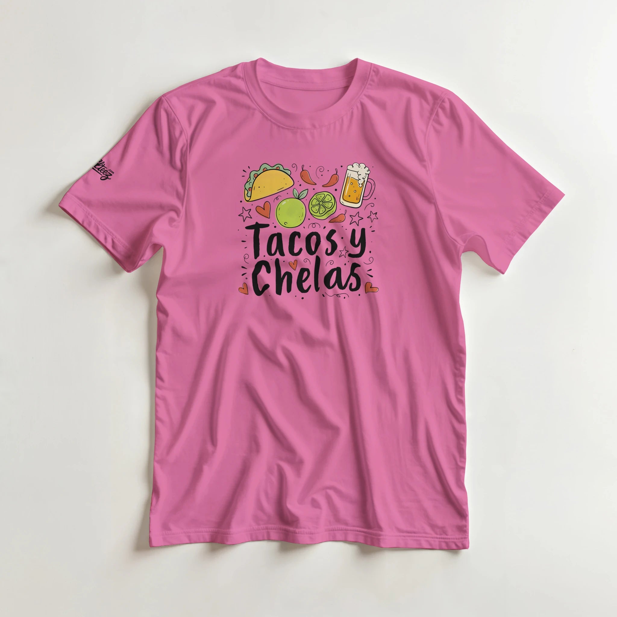 Tacos y Chelas doodle art Latina graphic tee Style 2 - Gildan 5000 heavyweight t-shirt mockup
