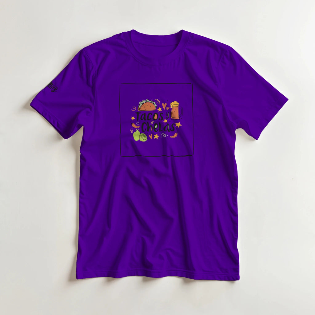 Tacos y Chelas doodle art Latina graphic tee Style 1 - Gildan 5000 heavyweight t-shirt mockup