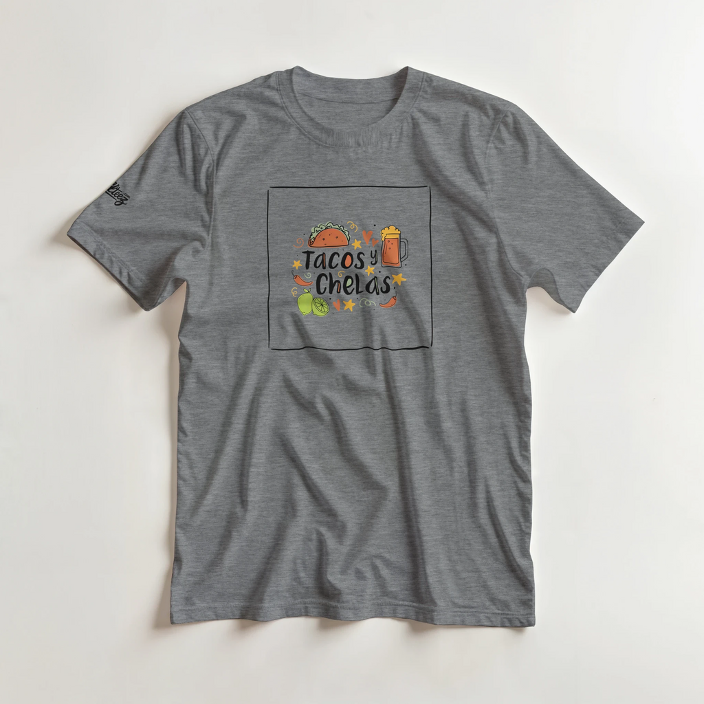Tacos y Chelas doodle art Latina graphic tee Style 1 - Gildan 5000 heavyweight t-shirt mockup