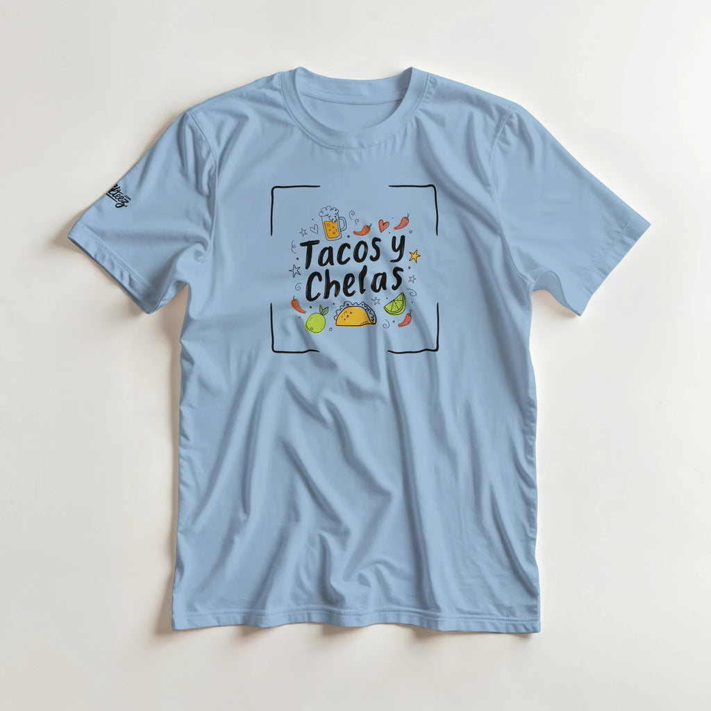Tacos y Chelas doodle art Latina graphic tee Style 4 - Gildan 5000 heavyweight t-shirt mockup