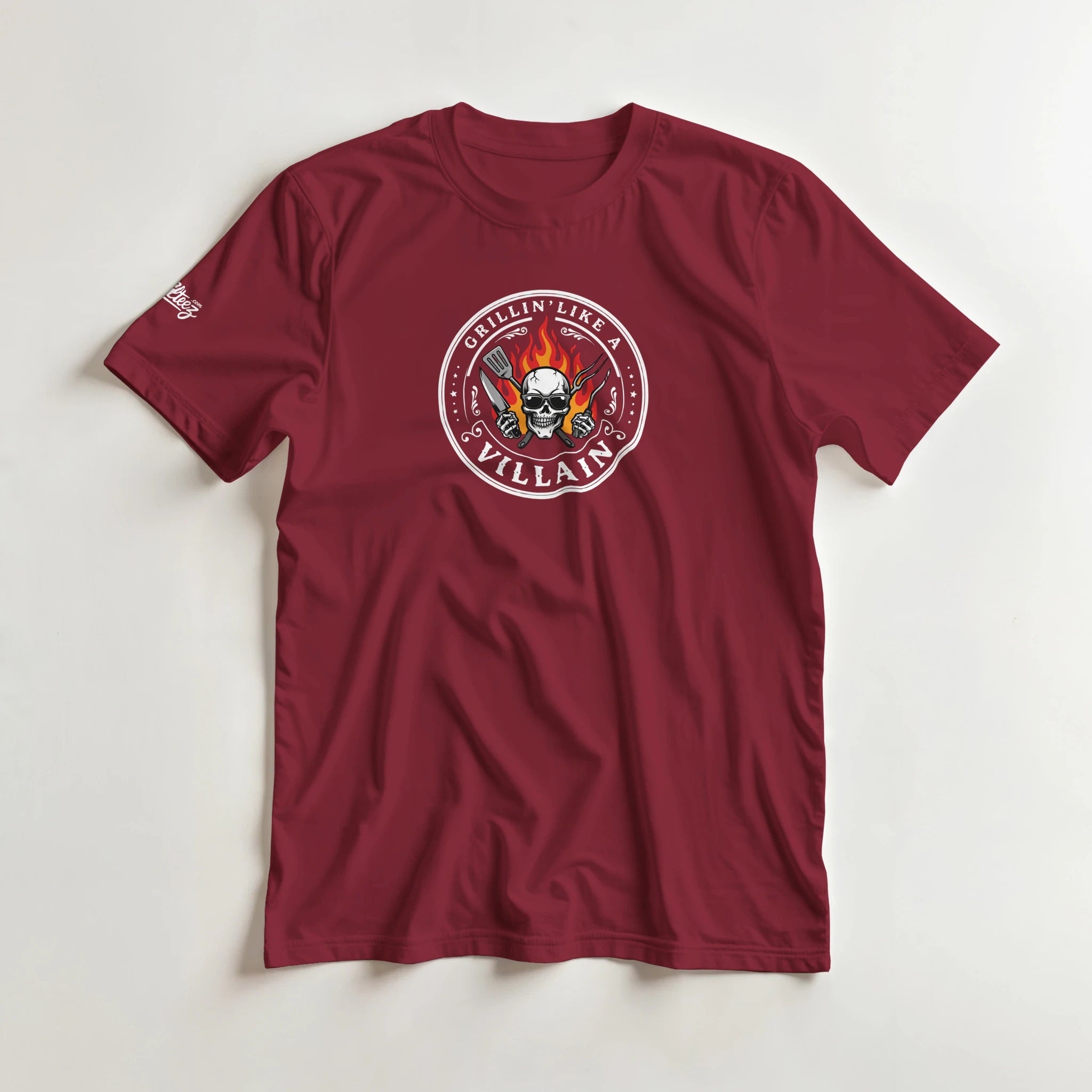 Grillin Like A Villain BBQ tee - flaming skull and crossed grill tools on dark shirt