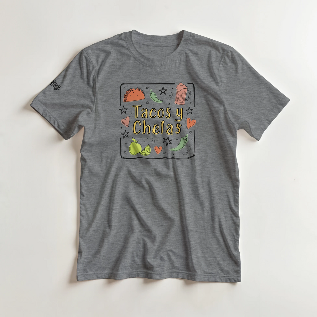 Tacos y Chelas doodle art Latina graphic tee Style 3 - Gildan 5000 heavyweight t-shirt mockup