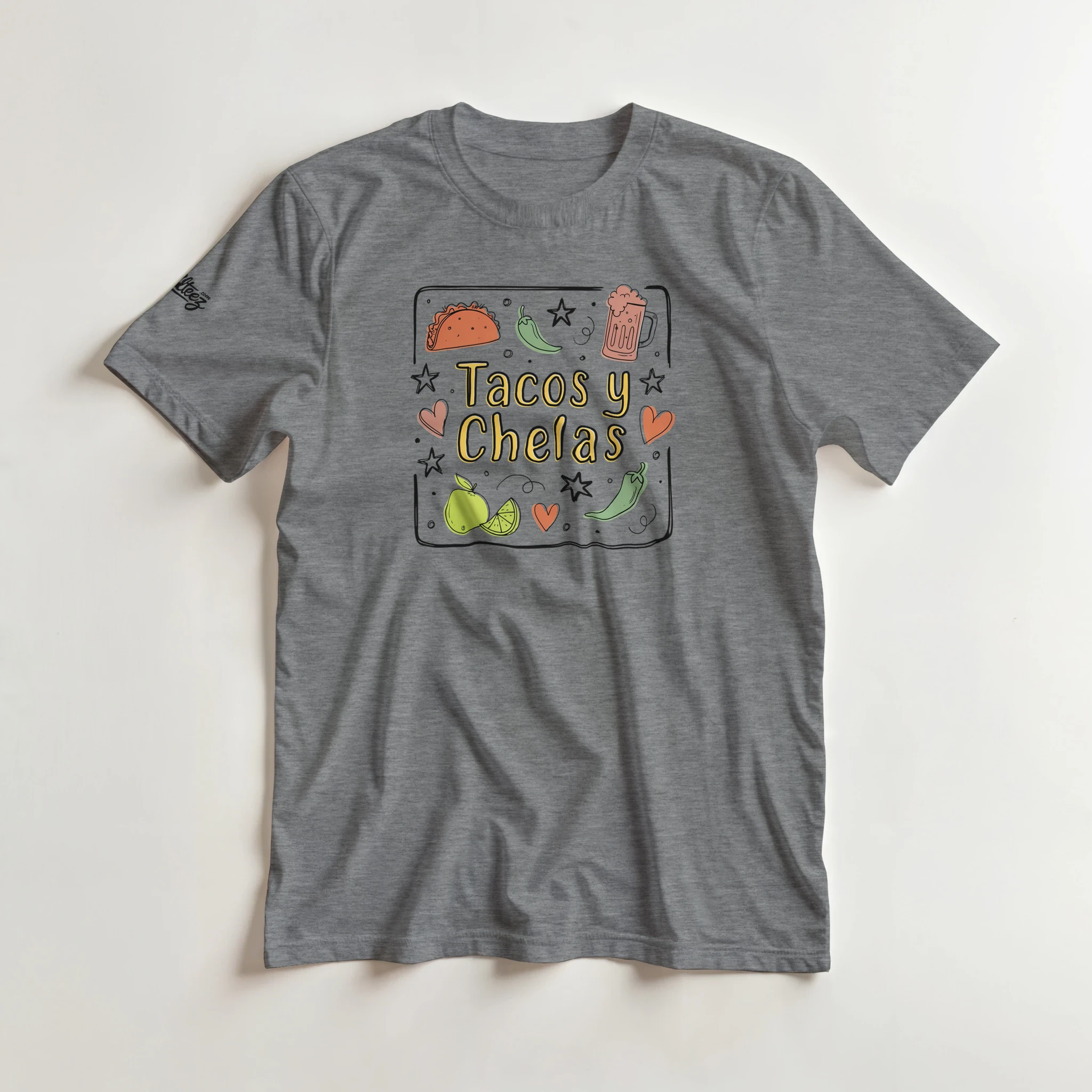 Tacos y Chelas doodle art Latina graphic tee Style 3 - Gildan 5000 heavyweight t-shirt mockup
