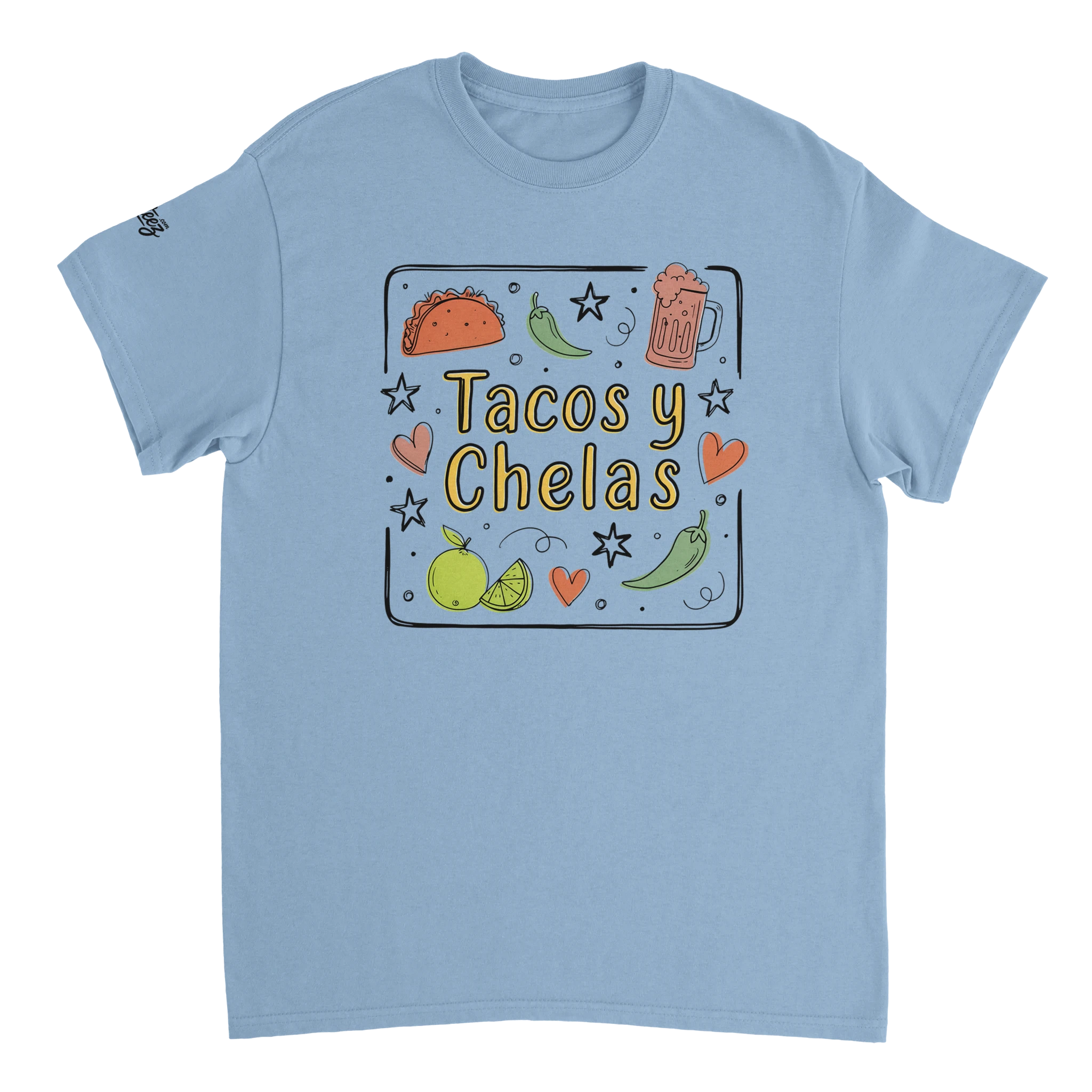 Tacos y Chelas doodle art Latina graphic tee Style 3 - Gildan 5000 heavyweight t-shirt mockup