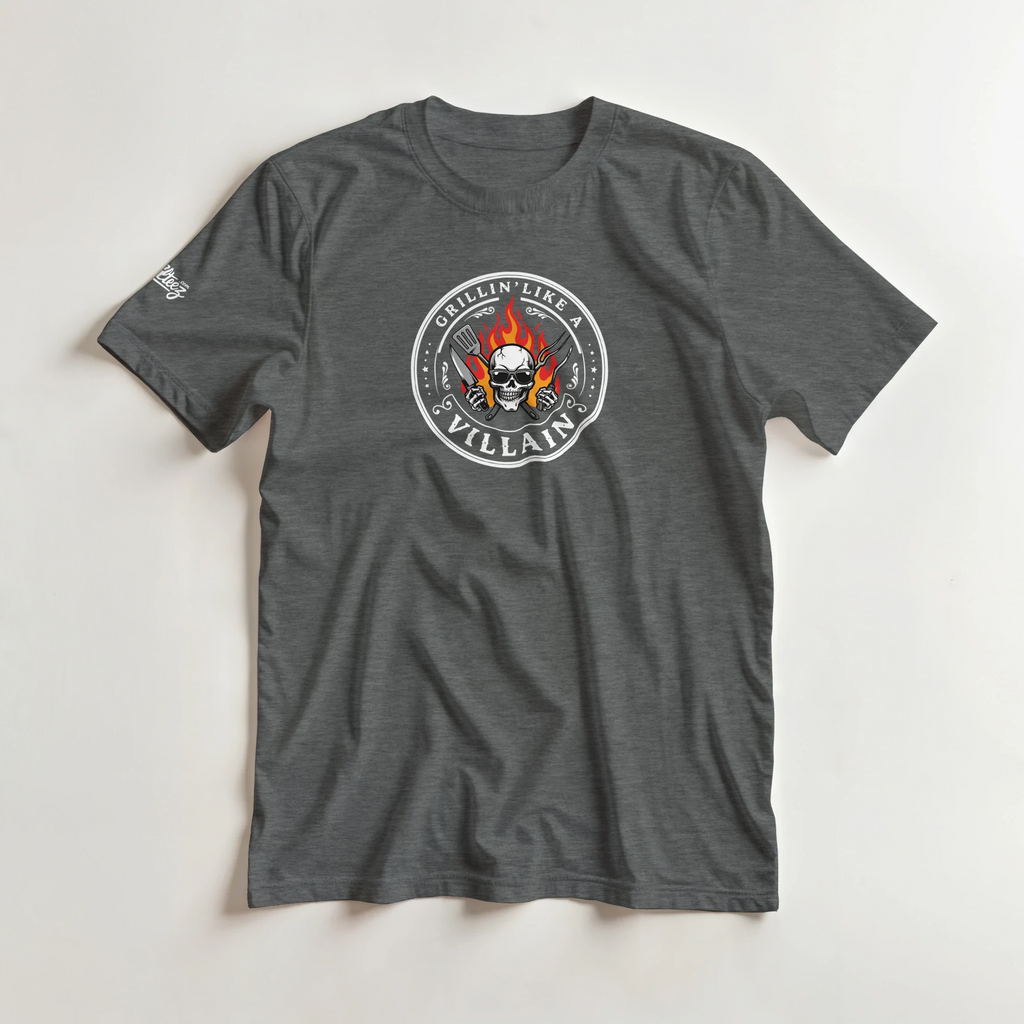 Grillin Like A Villain BBQ tee - flaming skull and crossed grill tools on dark shirt