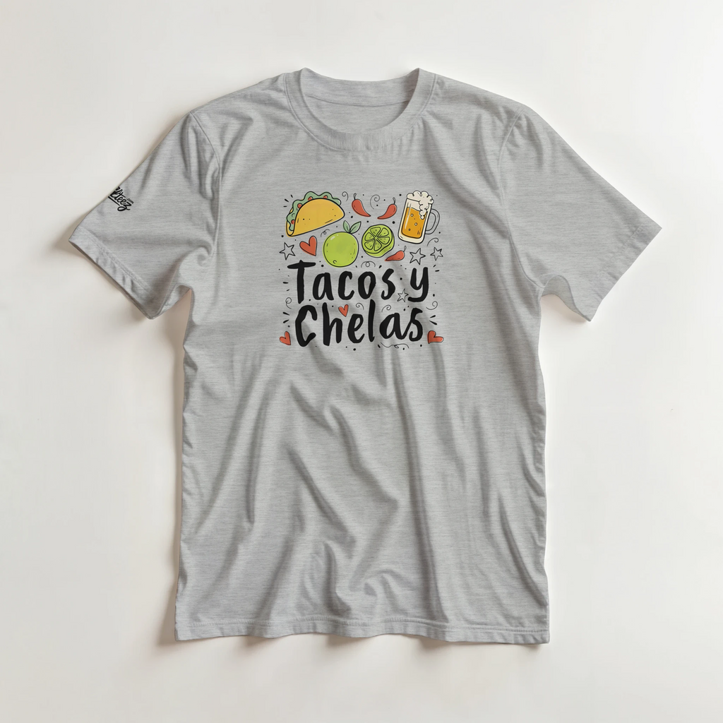 Tacos y Chelas doodle art Latina graphic tee Style 2 - Gildan 5000 heavyweight t-shirt mockup
