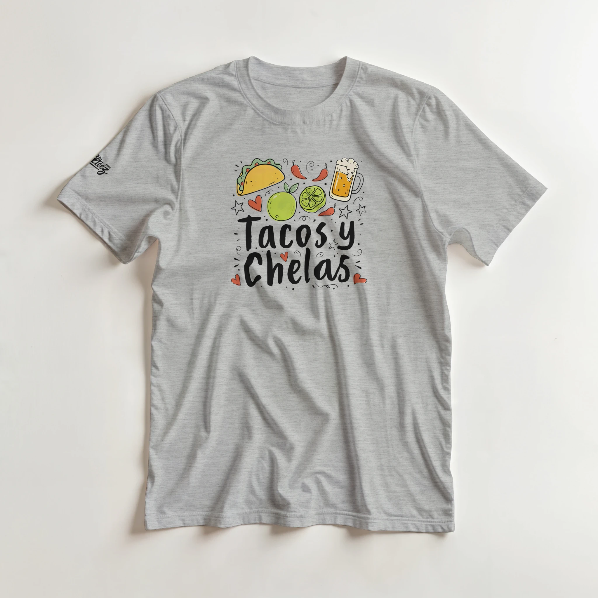 Tacos y Chelas doodle art Latina graphic tee Style 2 - Gildan 5000 heavyweight t-shirt mockup