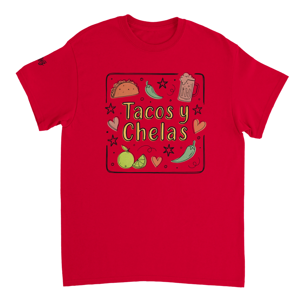 Tacos y Chelas doodle art Latina graphic tee Style 3 - Gildan 5000 heavyweight t-shirt mockup