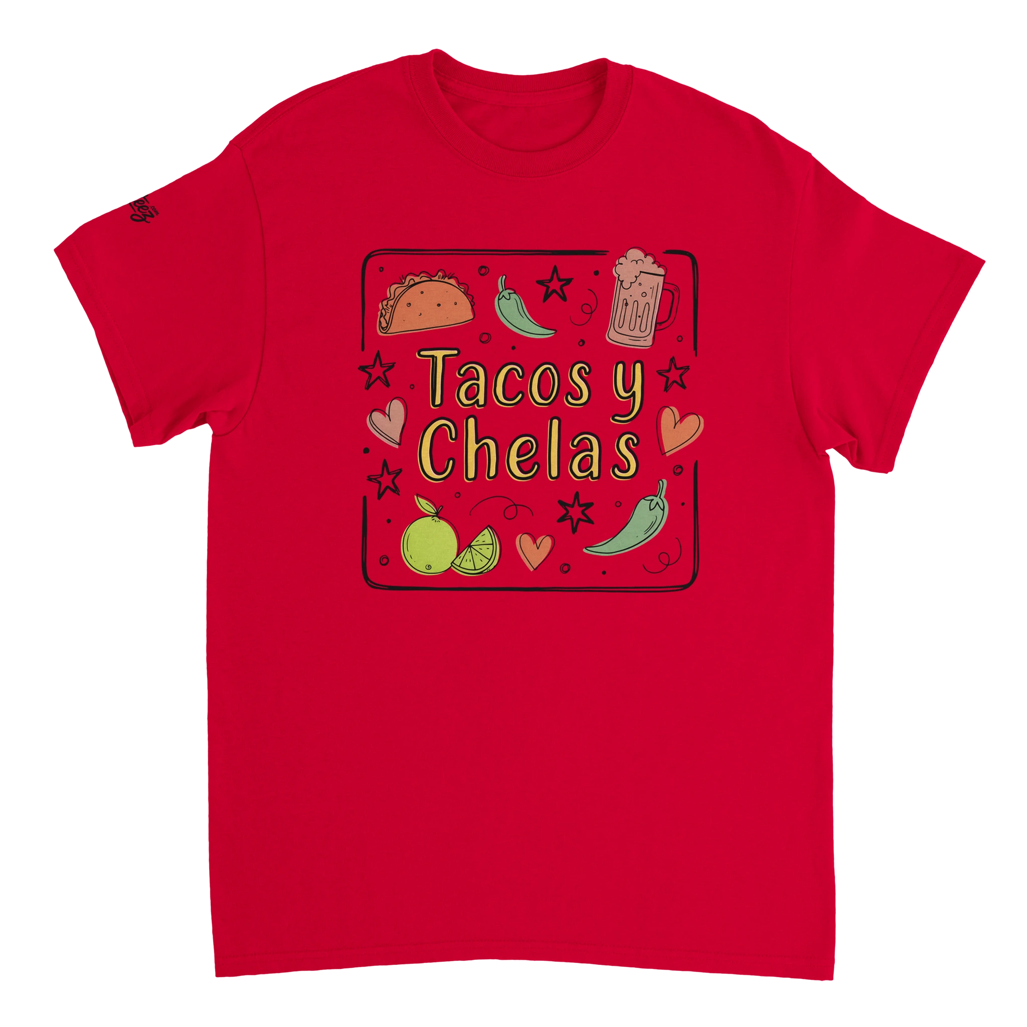 Tacos y Chelas doodle art Latina graphic tee Style 3 - Gildan 5000 heavyweight t-shirt mockup