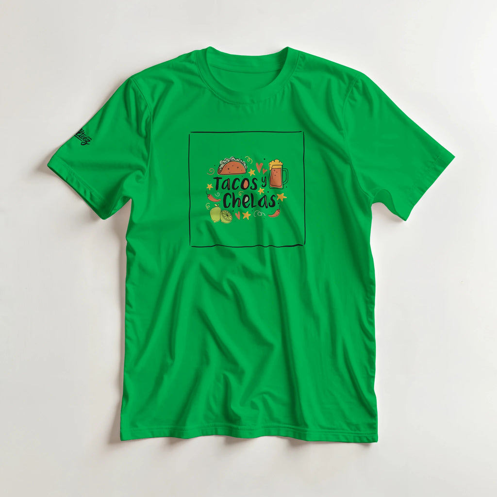 Tacos y Chelas doodle art Latina graphic tee Style 1 - Gildan 5000 heavyweight t-shirt mockup