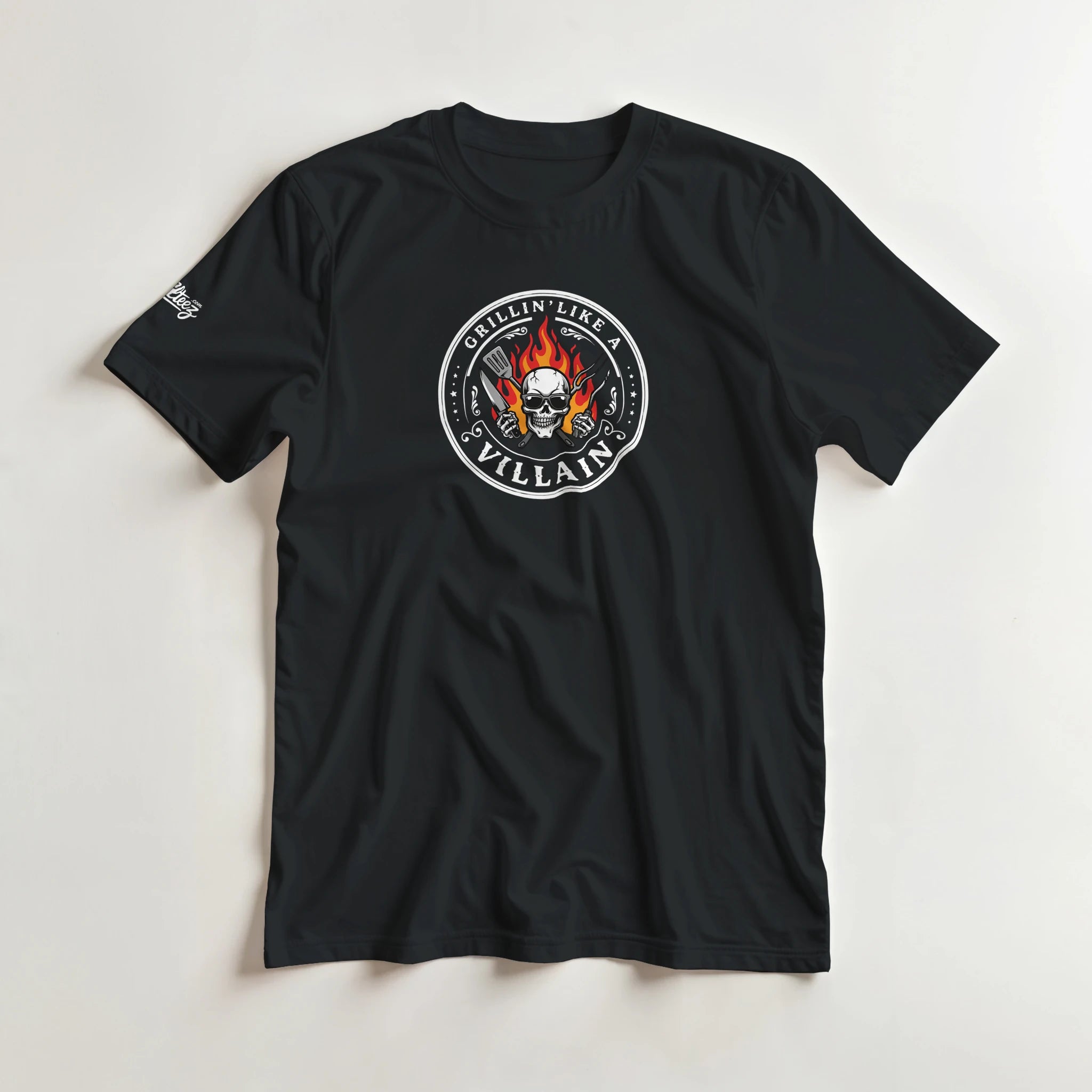 Grillin Like A Villain BBQ tee - flaming skull and crossed grill tools on dark shirt