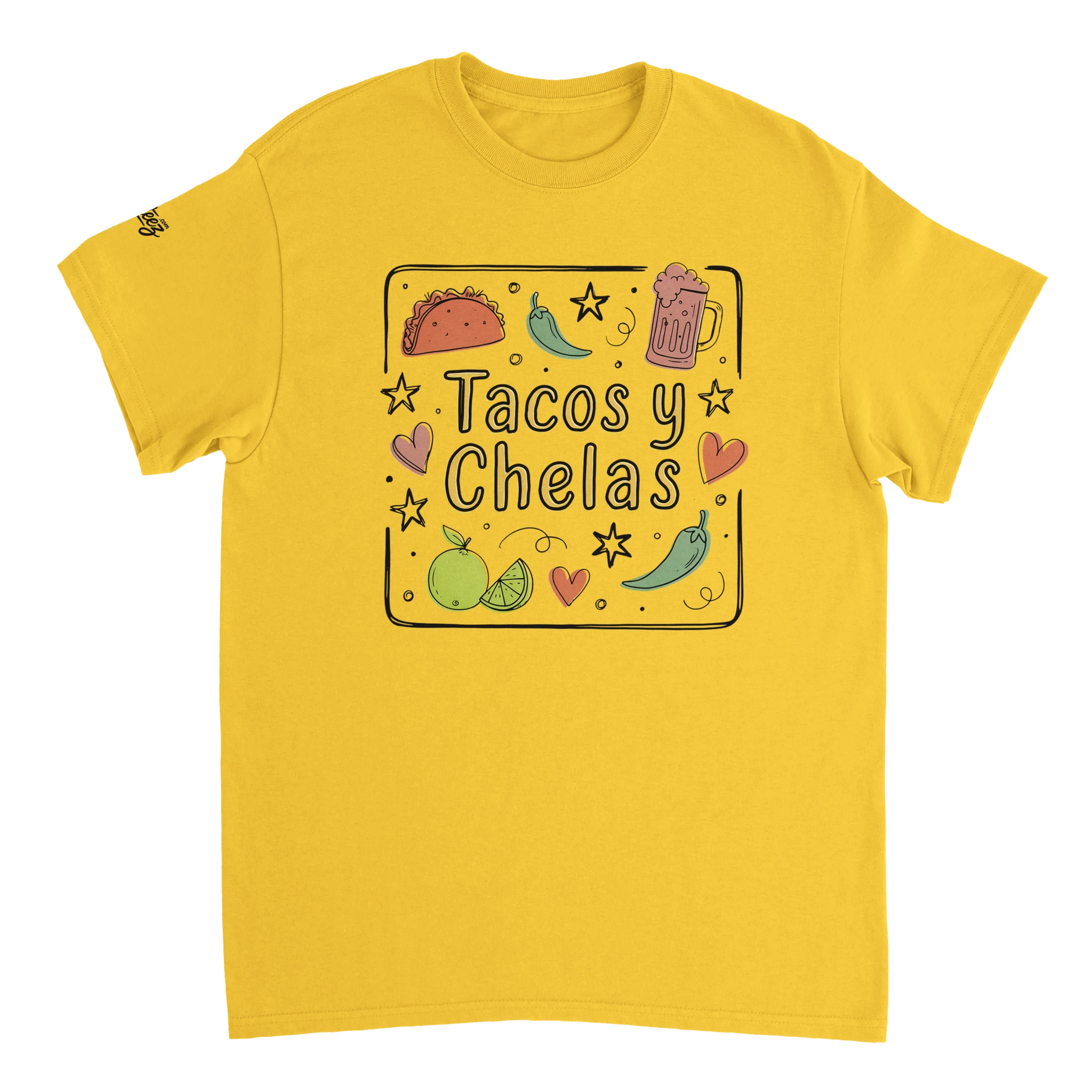 Tacos y Chelas doodle art Latina graphic tee Style 3 - Gildan 5000 heavyweight t-shirt mockup