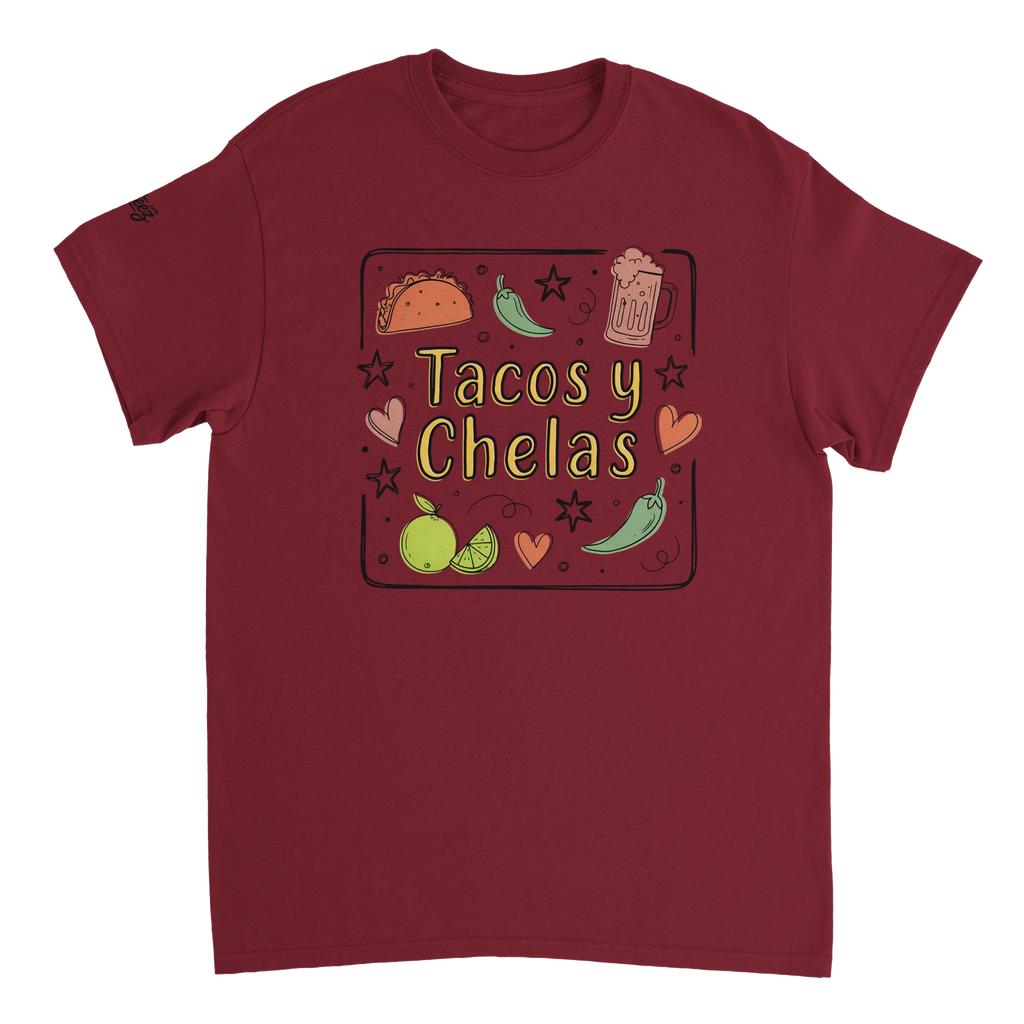Tacos y Chelas doodle art Latina graphic tee Style 3 - Gildan 5000 heavyweight t-shirt mockup