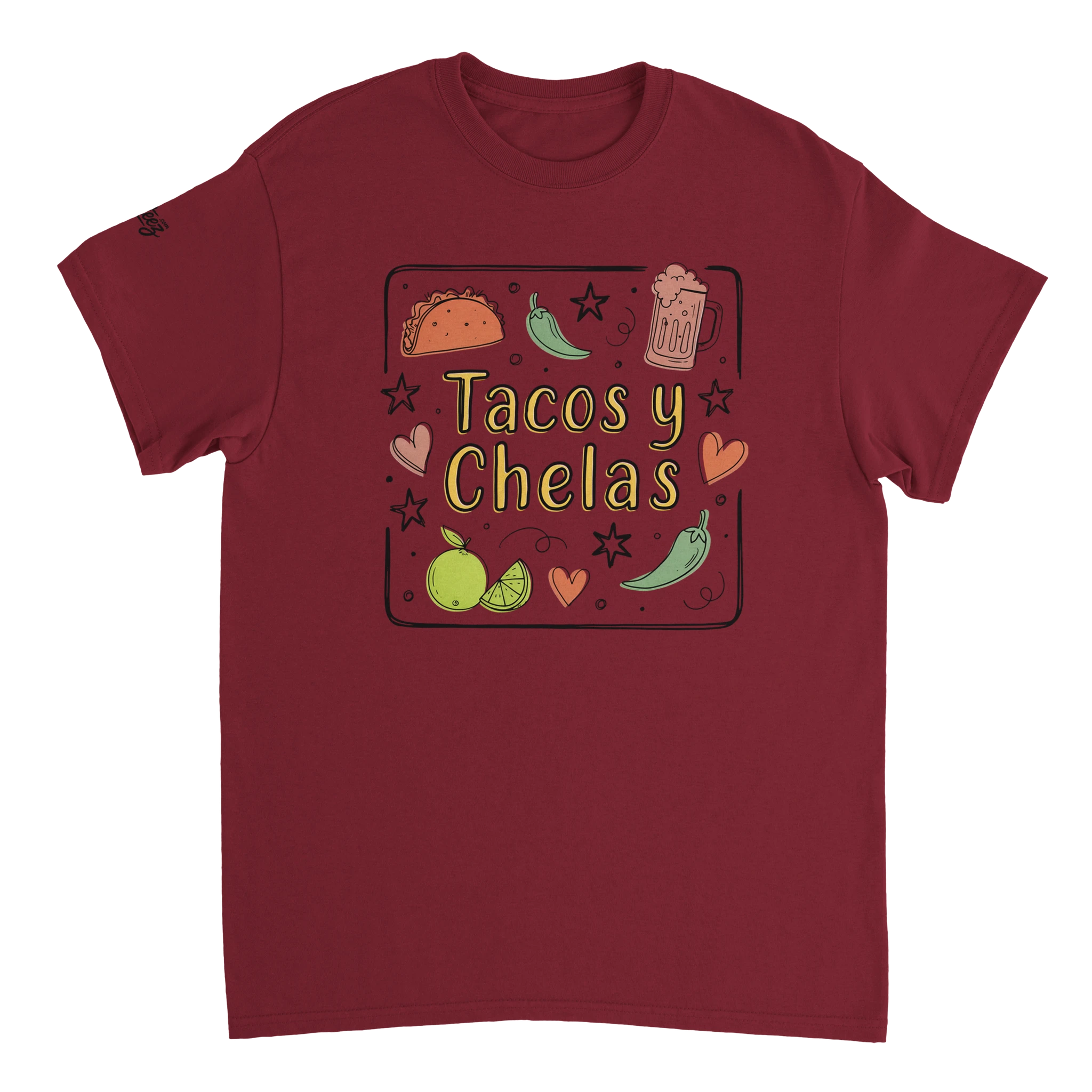 Tacos y Chelas doodle art Latina graphic tee Style 3 - Gildan 5000 heavyweight t-shirt mockup