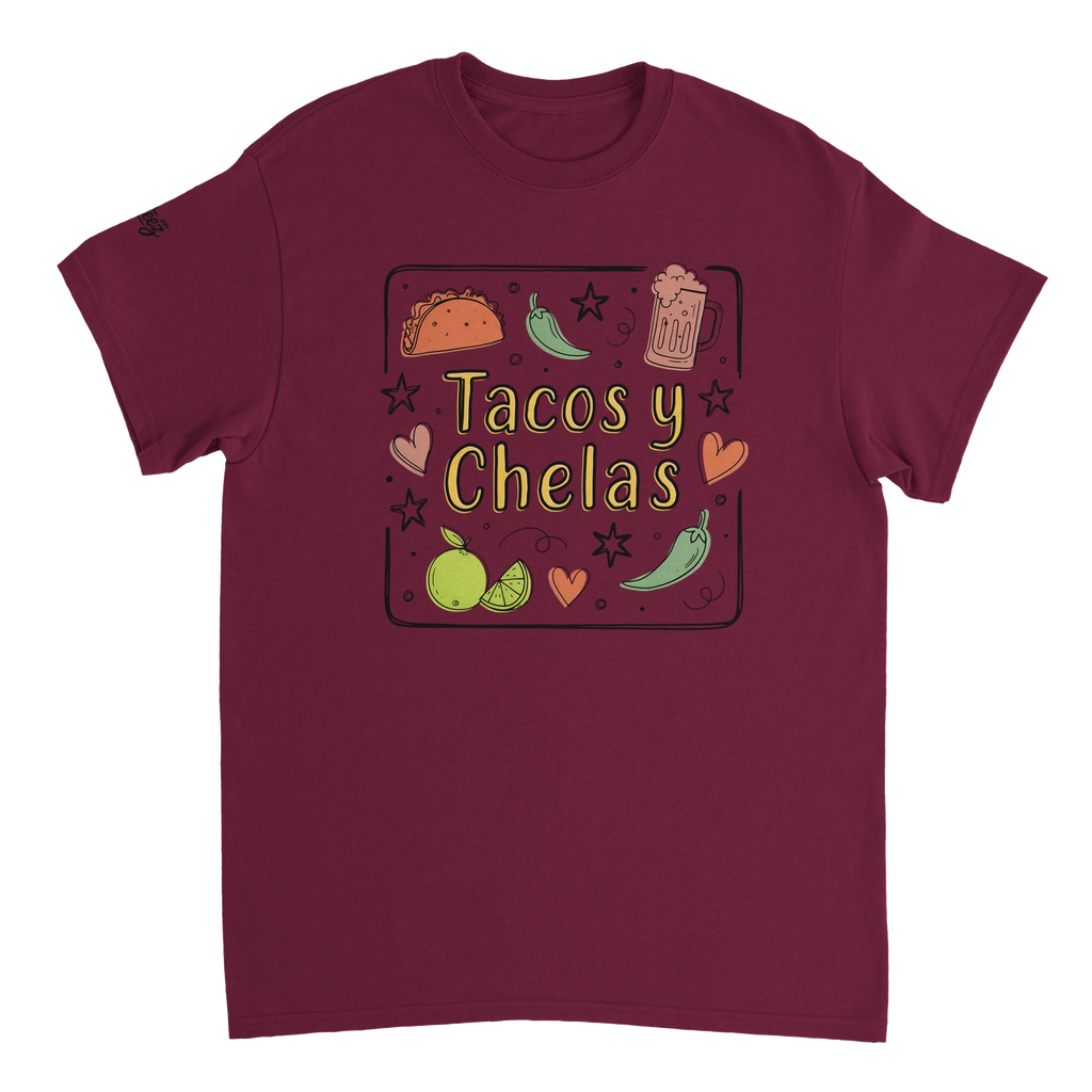 Tacos y Chelas doodle art Latina graphic tee Style 3 - Gildan 5000 heavyweight t-shirt mockup