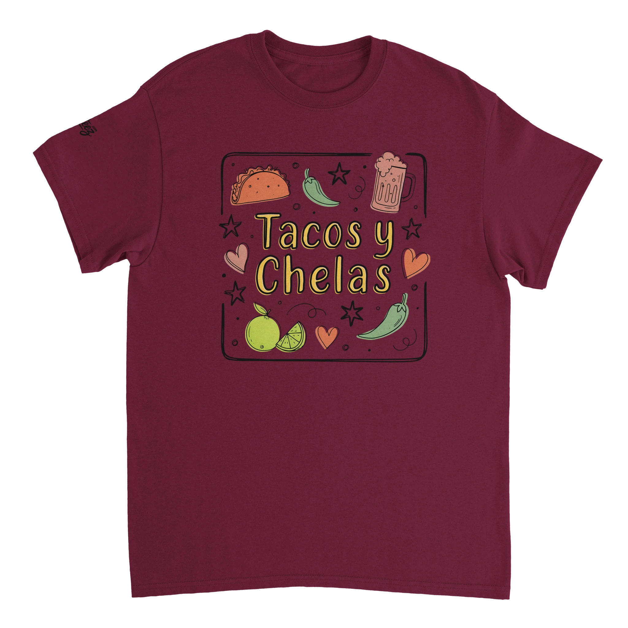 Tacos y Chelas doodle art Latina graphic tee Style 3 - Gildan 5000 heavyweight t-shirt mockup