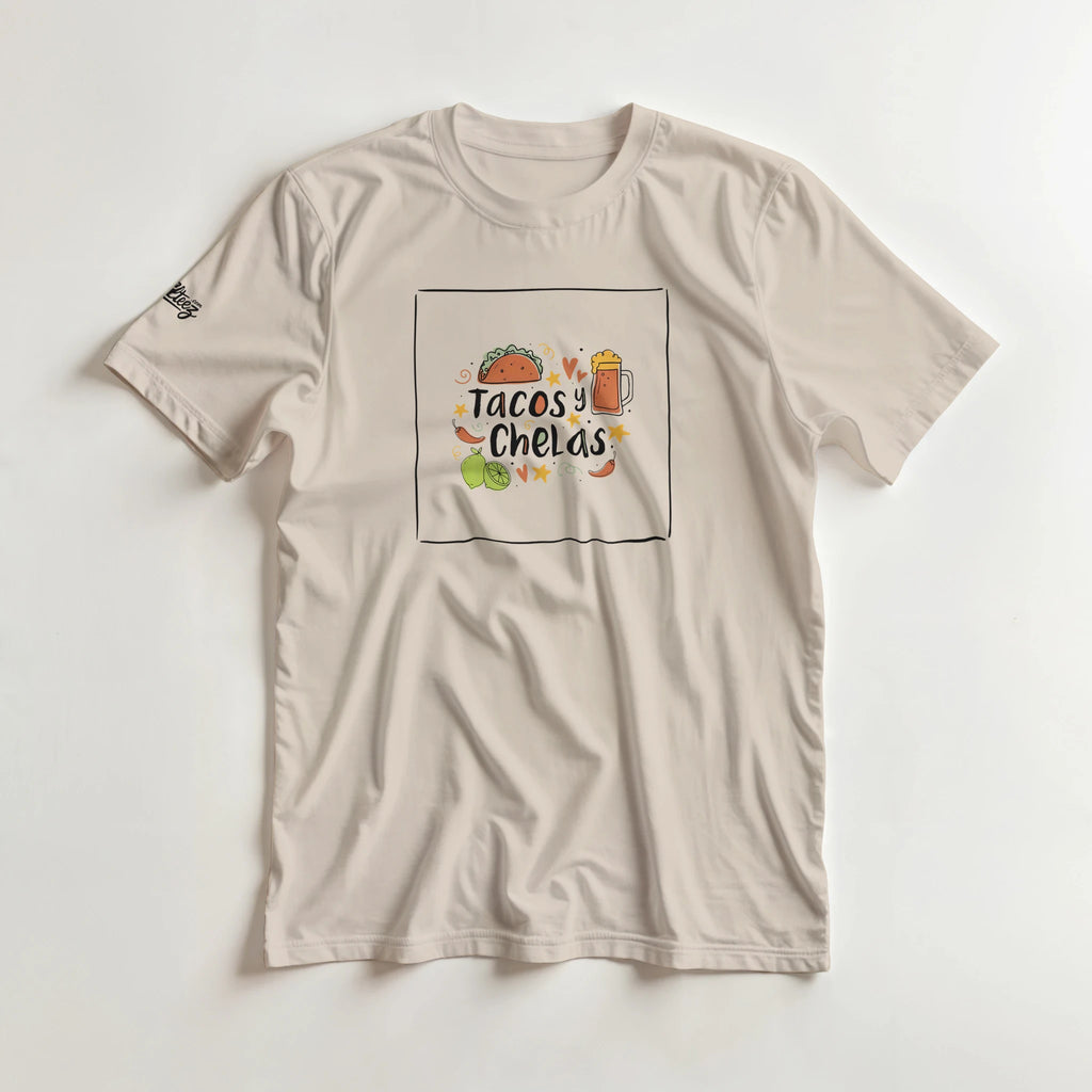 Tacos y Chelas doodle art Latina graphic tee Style 1 - Gildan 5000 heavyweight t-shirt mockup