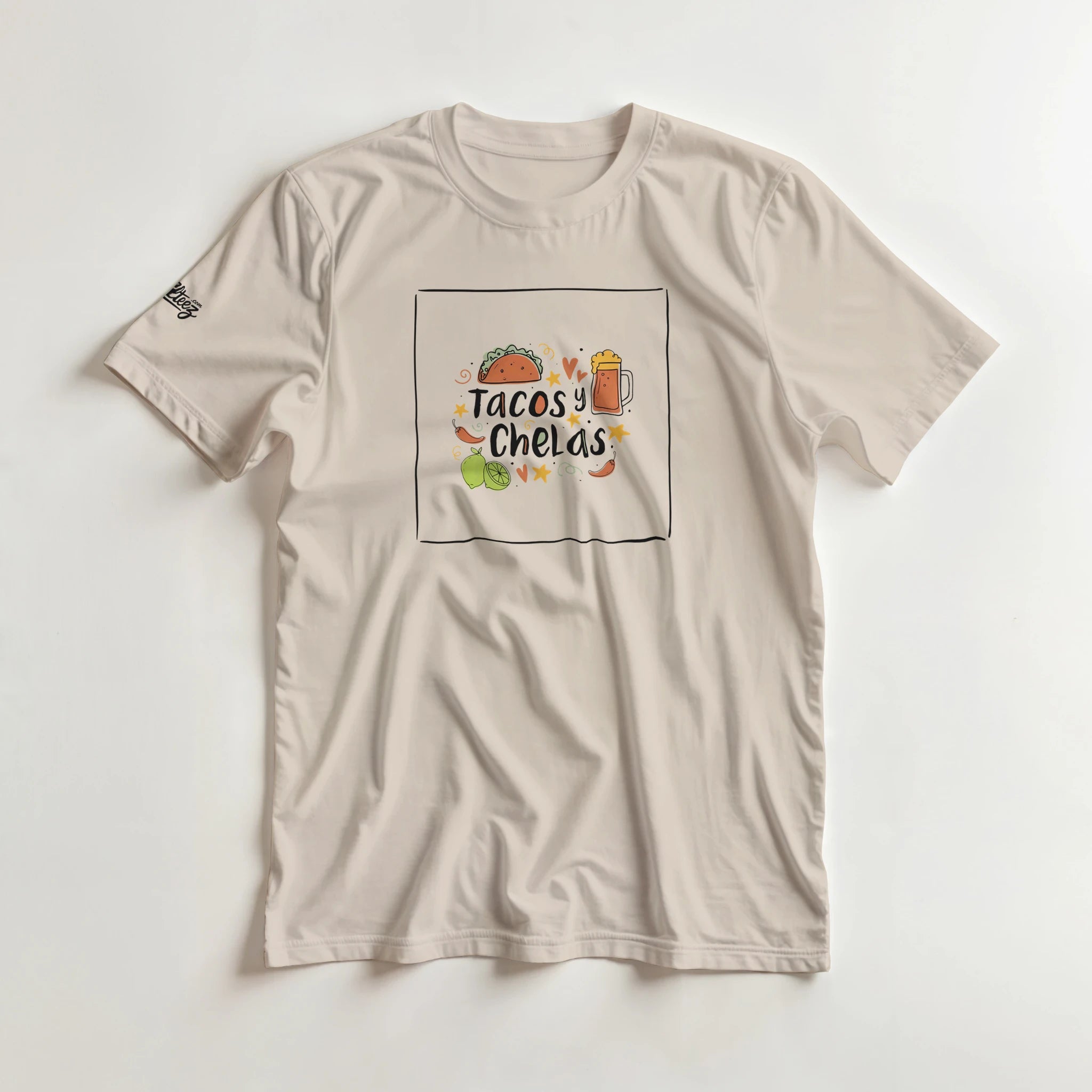 Tacos y Chelas doodle art Latina graphic tee Style 1 - Gildan 5000 heavyweight t-shirt mockup