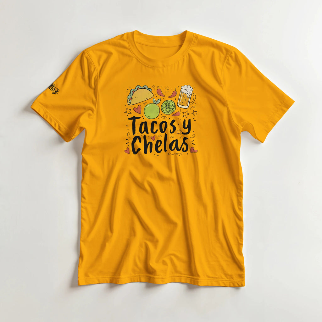 Tacos y Chelas doodle art Latina graphic tee Style 2 - Gildan 5000 heavyweight t-shirt mockup