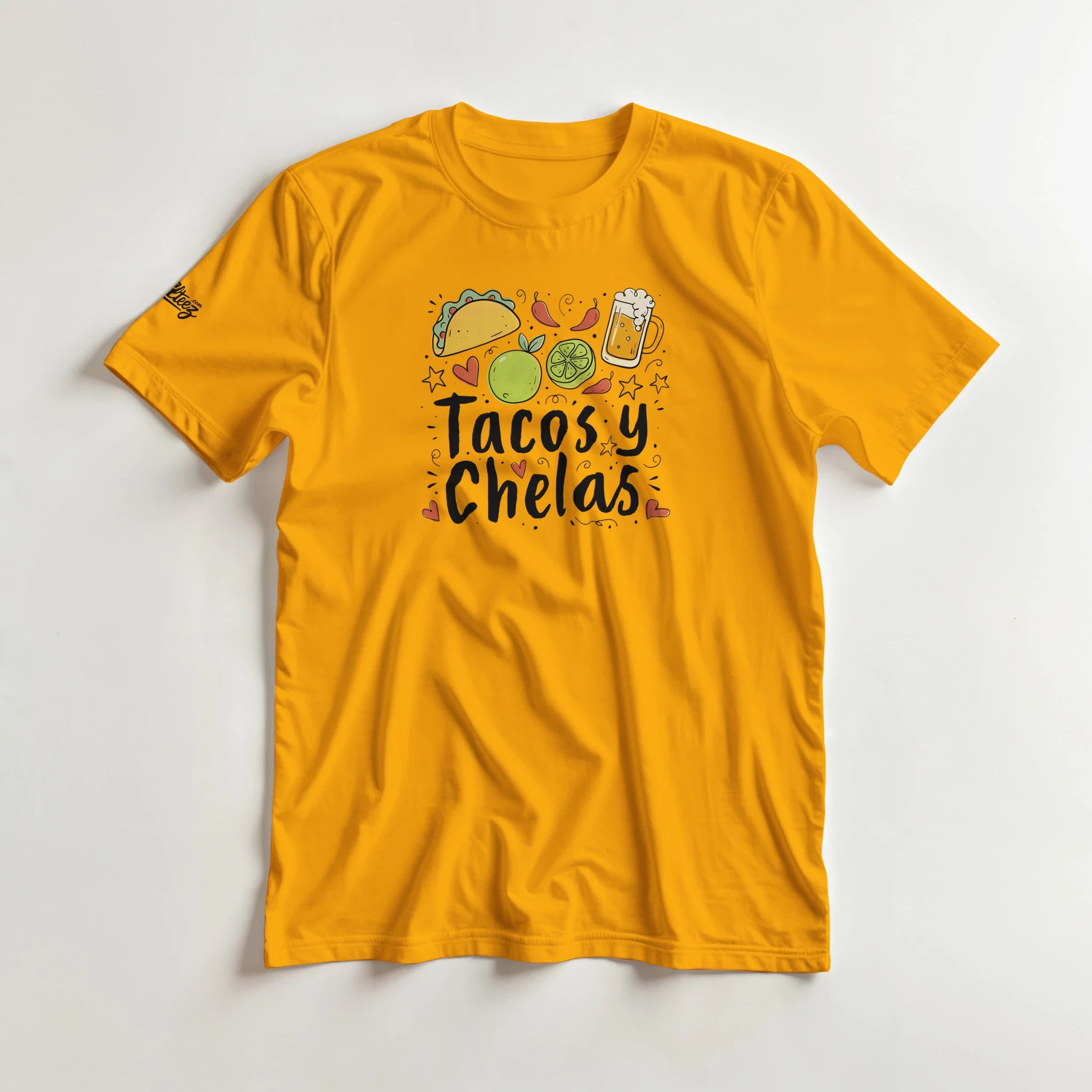 Tacos y Chelas doodle art Latina graphic tee Style 2 - Gildan 5000 heavyweight t-shirt mockup