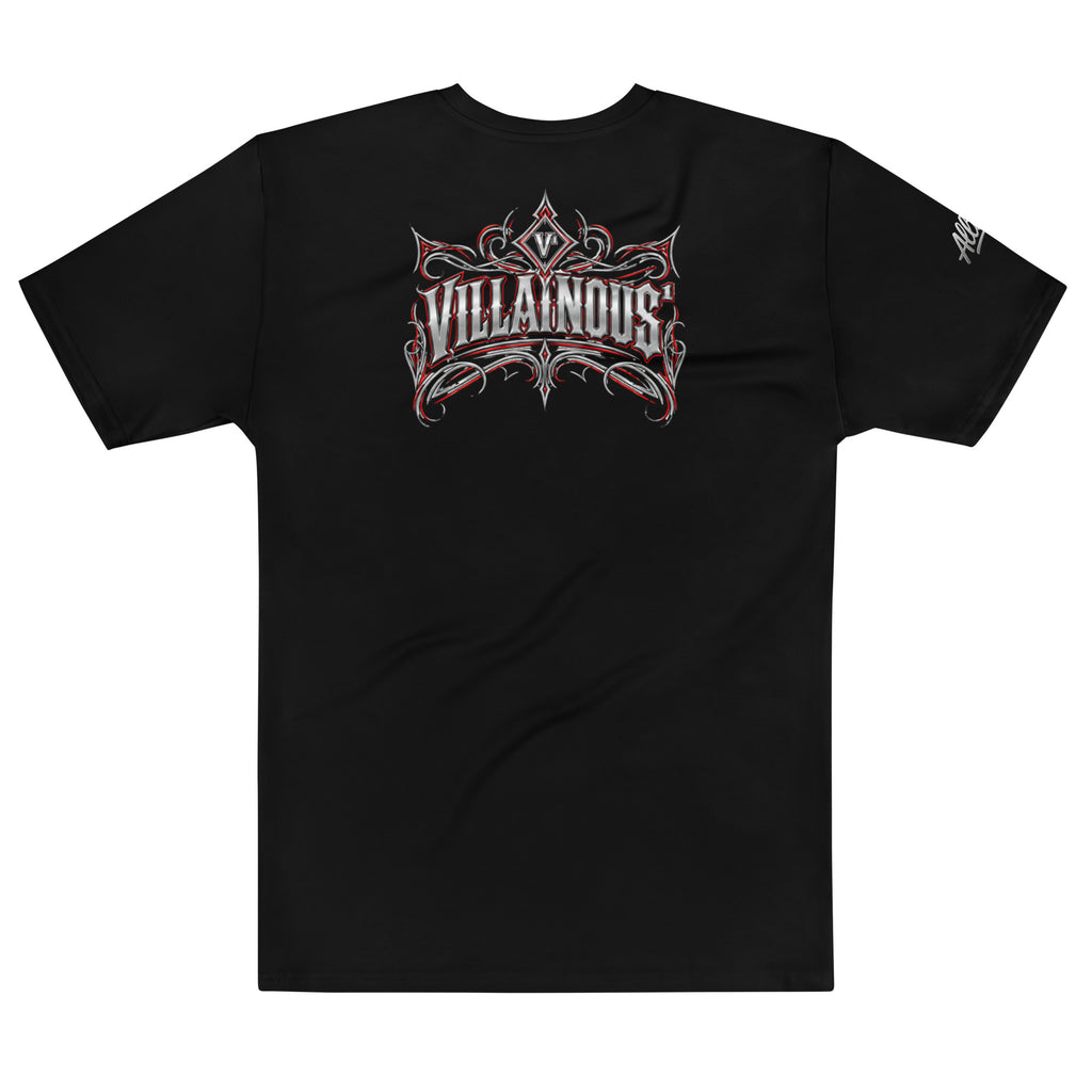 Back of black Villainous1 Cruise Nights 1960 Apache T-shirt featuring metallic silver lettering with red and black custom pinstriping.