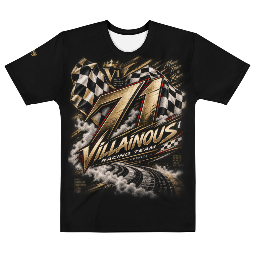 Black Villainous1 Racing graphic T-shirt featuring bold motorsport-inspired Villainous Racing artwork.