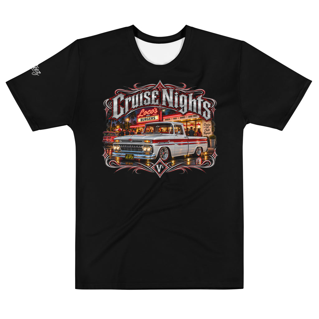 Black Villainous1 Cruise Nights T-shirt featuring a silver and red 1960 Chevrolet Apache classic truck graphic.ct mockup