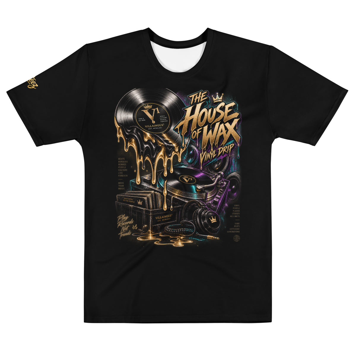 House of Wax Villainous¹ graphic T-shirt featuring melting vinyl, turntable, speakers and colorful DJ-inspired artwork.