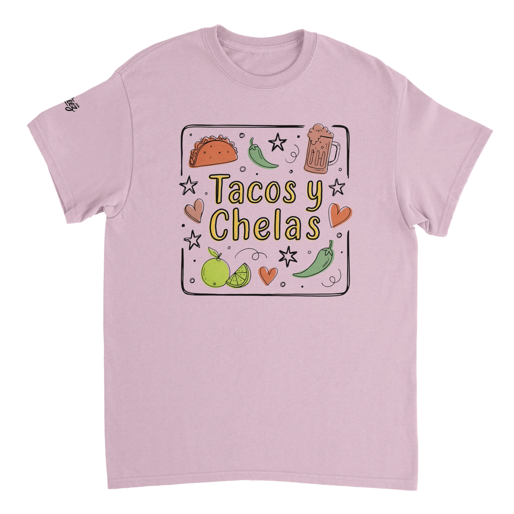 Tacos y Chelas doodle art Latina graphic tee Style 3 - Gildan 5000 heavyweight t-shirt mockup