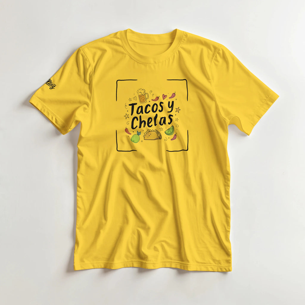 Tacos y Chelas doodle art Latina graphic tee Style 4 - Gildan 5000 heavyweight t-shirt mockup