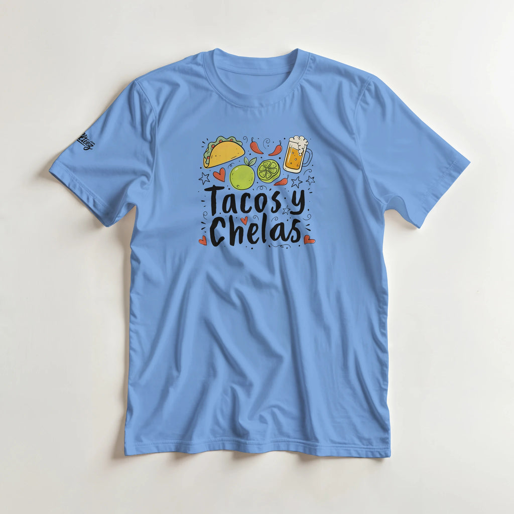 Tacos y Chelas doodle art Latina graphic tee Style 2 - Gildan 5000 heavyweight t-shirt mockup