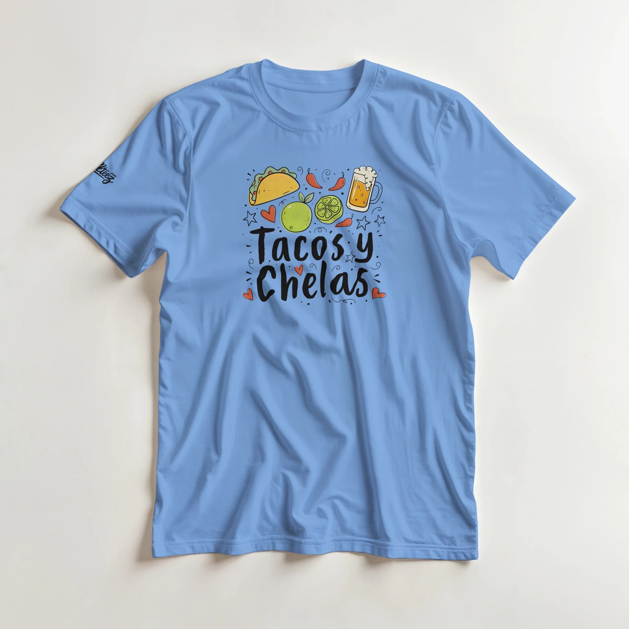 Tacos y Chelas doodle art Latina graphic tee Style 2 - Gildan 5000 heavyweight t-shirt mockup
