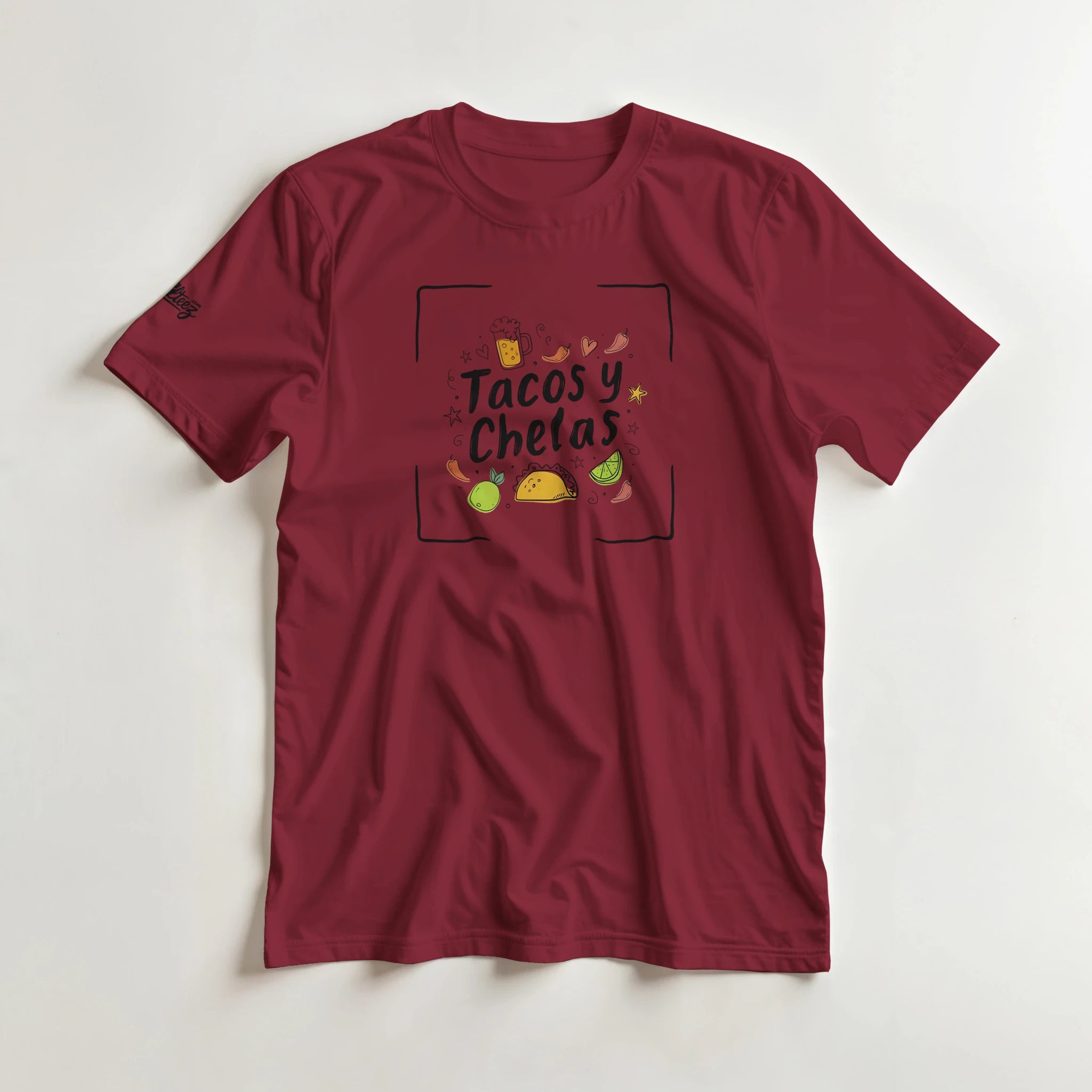 Tacos y Chelas doodle art Latina graphic tee Style 4 - Gildan 5000 heavyweight t-shirt mockup