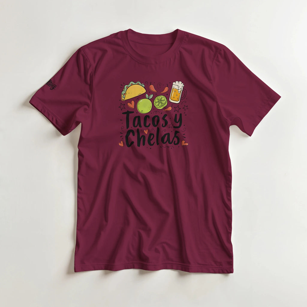 Tacos y Chelas doodle art Latina graphic tee Style 2 - Gildan 5000 heavyweight t-shirt mockup