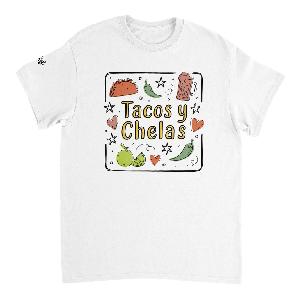 Tacos y Chelas doodle art Latina graphic tee Style 3 - Gildan 5000 heavyweight t-shirt mockup