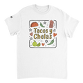 Tacos y Chelas doodle art Latina graphic tee Style 3 - Gildan 5000 heavyweight t-shirt mockup