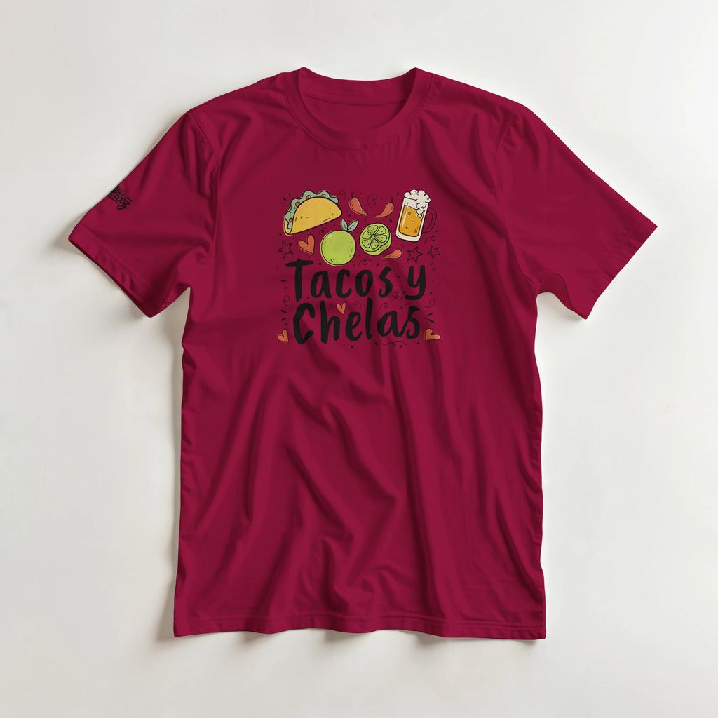 Tacos y Chelas doodle art Latina graphic tee Style 2 - Gildan 5000 heavyweight t-shirt mockup