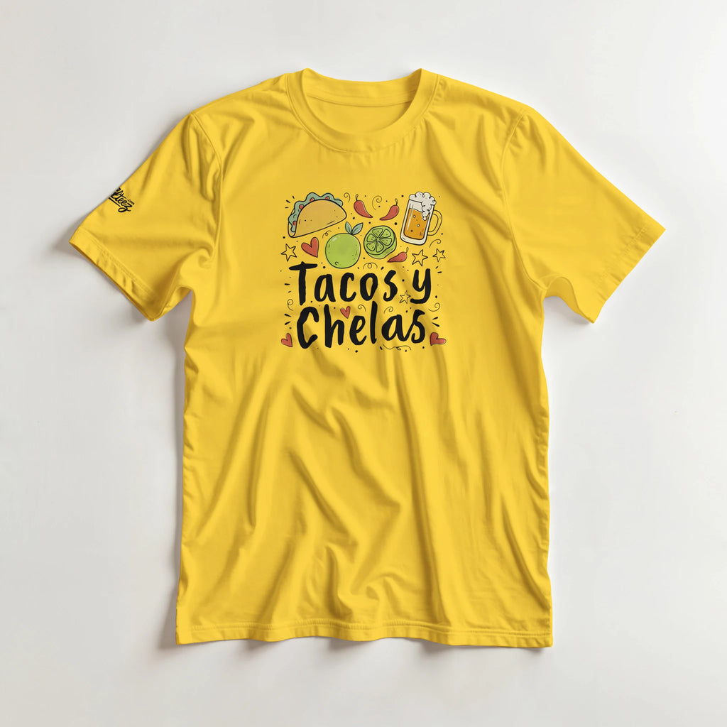 Tacos y Chelas doodle art Latina graphic tee Style 2 - Gildan 5000 heavyweight t-shirt mockup