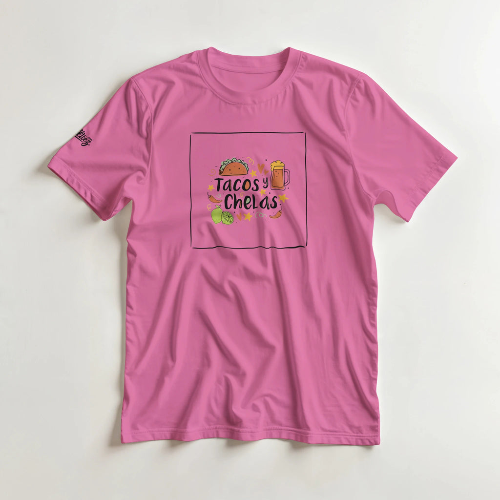 Tacos y Chelas doodle art Latina graphic tee Style 1 - Gildan 5000 heavyweight t-shirt mockup