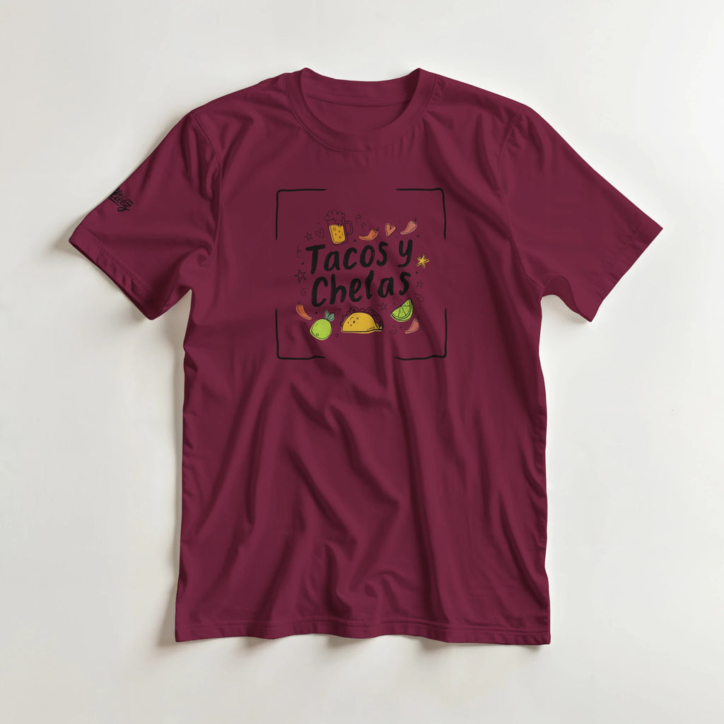 Tacos y Chelas doodle art Latina graphic tee Style 4 - Gildan 5000 heavyweight t-shirt mockup