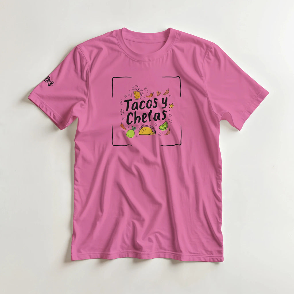 Tacos y Chelas doodle art Latina graphic tee Style 4 - Gildan 5000 heavyweight t-shirt mockup