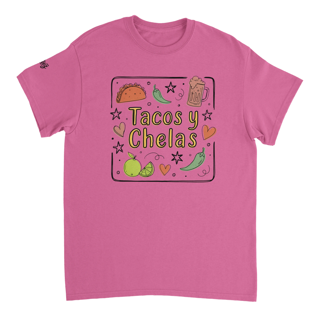 Tacos y Chelas doodle art Latina graphic tee Style 3 - Gildan 5000 heavyweight t-shirt mockup