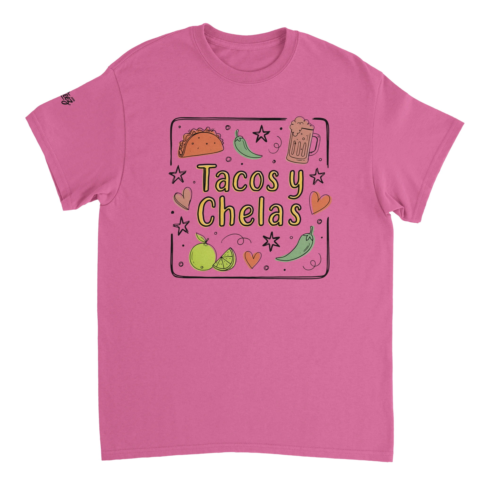 Tacos y Chelas doodle art Latina graphic tee Style 3 - Gildan 5000 heavyweight t-shirt mockup