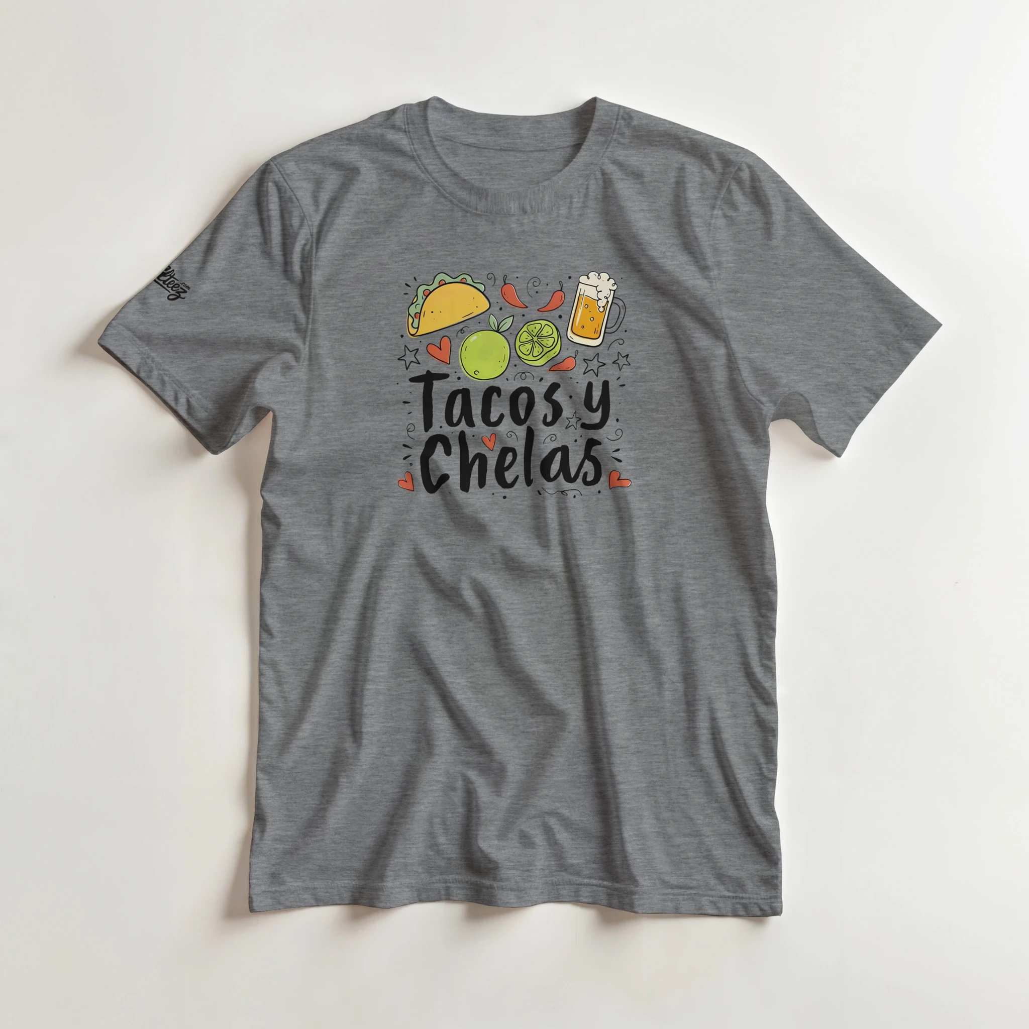 Tacos y Chelas doodle art Latina graphic tee Style 2 - Gildan 5000 heavyweight t-shirt mockup