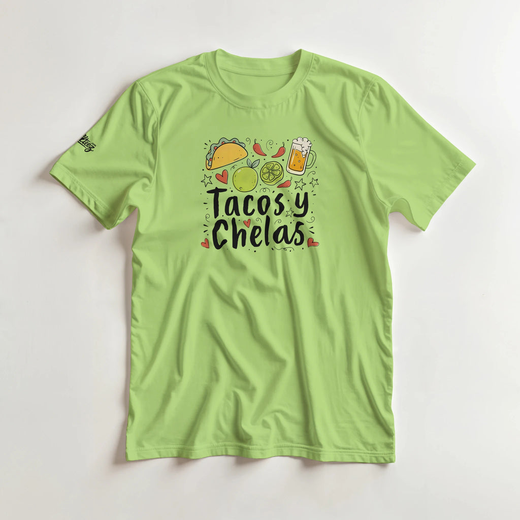 Tacos y Chelas doodle art Latina graphic tee Style 2 - Gildan 5000 heavyweight t-shirt mockup