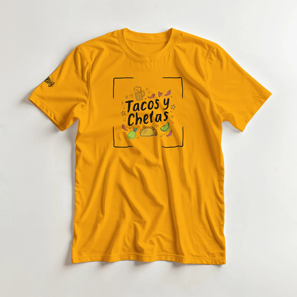 Tacos y Chelas doodle art Latina graphic tee Style 4 - Gildan 5000 heavyweight t-shirt mockup