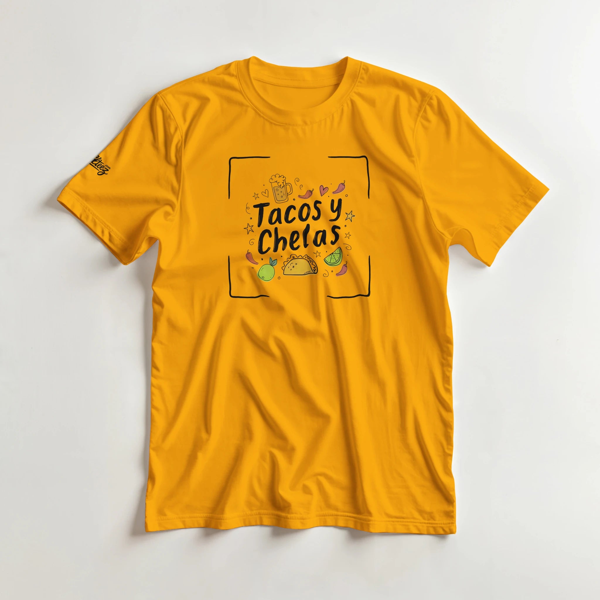 Tacos y Chelas doodle art Latina graphic tee Style 4 - Gildan 5000 heavyweight t-shirt mockup