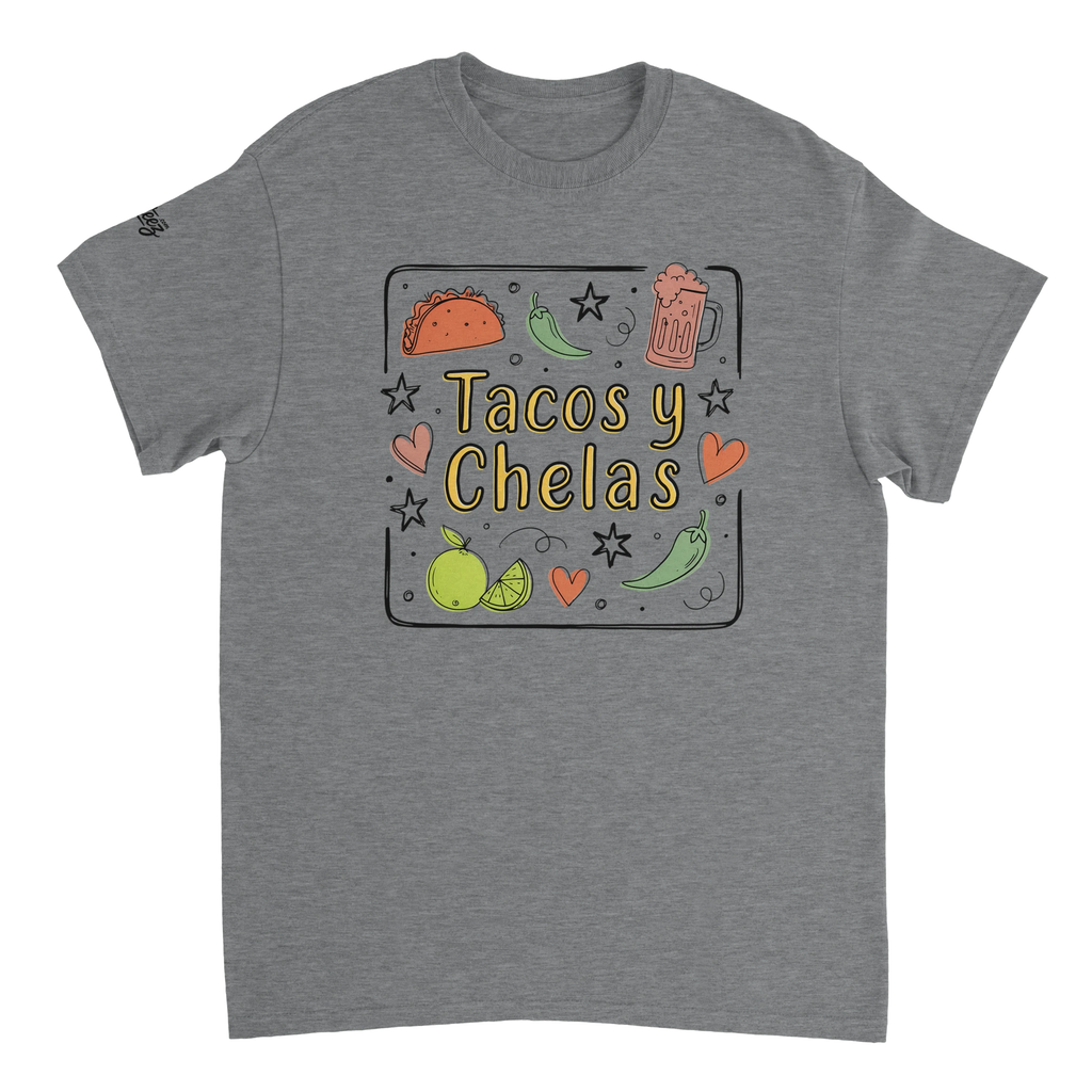 Tacos y Chelas doodle art Latina graphic tee Style 3 - Gildan 5000 heavyweight t-shirt mockup