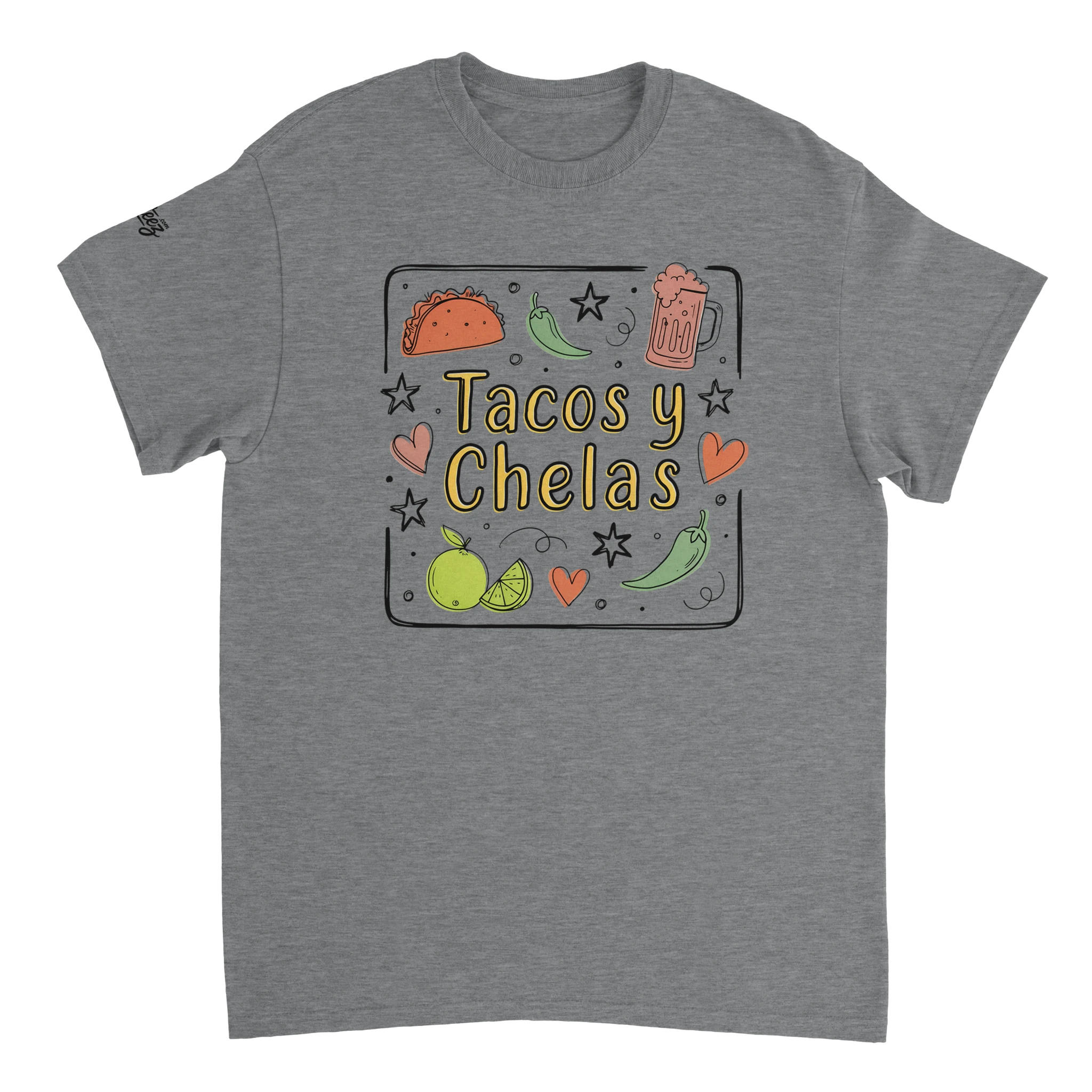 Tacos y Chelas doodle art Latina graphic tee Style 3 - Gildan 5000 heavyweight t-shirt mockup