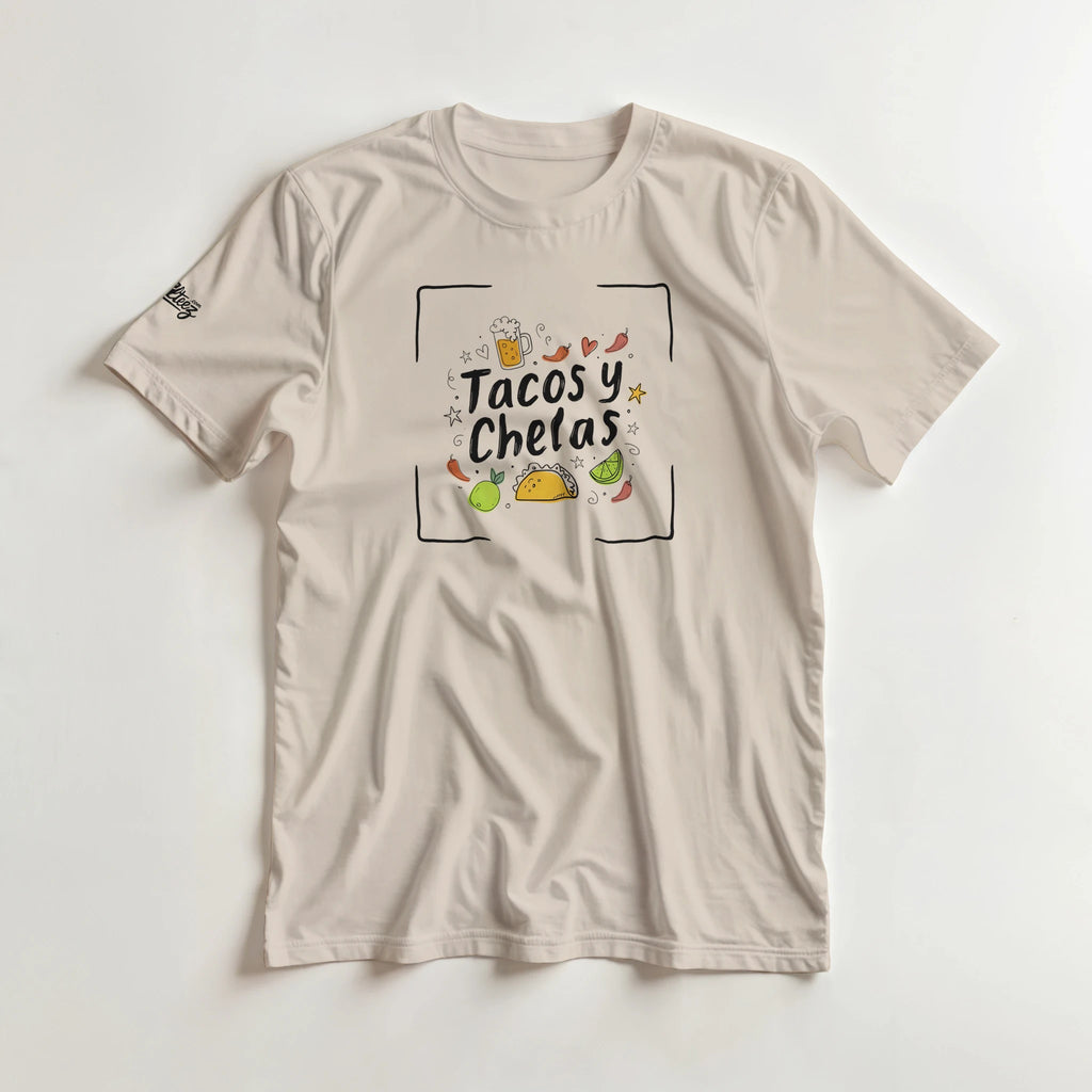 Tacos y Chelas doodle art Latina graphic tee Style 4 - Gildan 5000 heavyweight t-shirt mockup